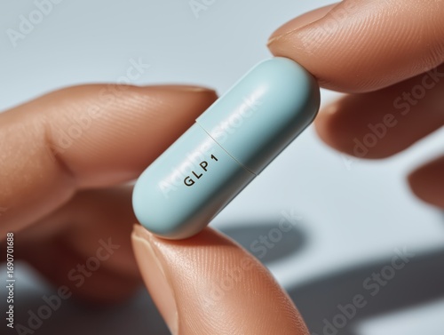 Expertly holding a light blue pill with 'GLP 1' imprint, symbolizing medical breakthrough and wellness.