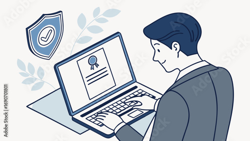 Online Certification Secure Laptop Businessperson Working Verified Document Secure Online System.