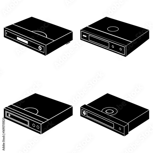 Isometric view of four black dvd players with different designs on a white background in vector format