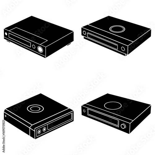 Four isometric views of black dvd players or set top boxes on a white background in vector format
