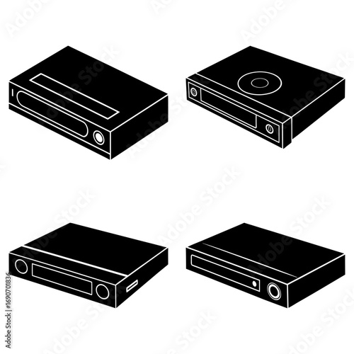 Four isometric black dvd players with different front panel designs on a white background are shown