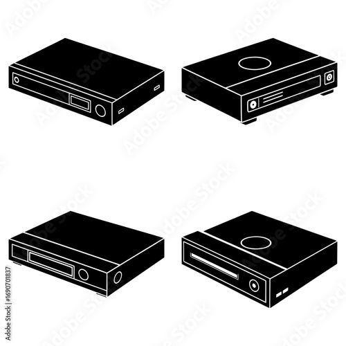 Four black dvd players are displayed in an isometric view on a white background in a simple illustration