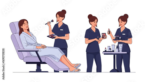 Aesthetician or nurse preparing a patient for a cosmetic procedure in a treatment chair with medical supplies and beauty products