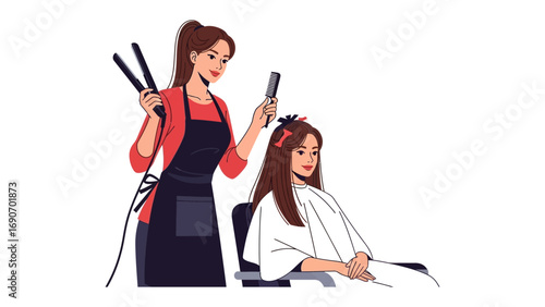 Professional hairstylist using a flat iron to style a client s long brown hair in a salon setting with white background