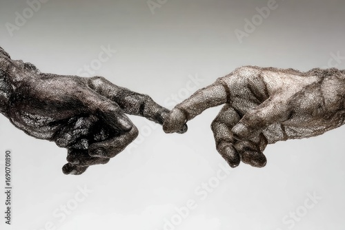Two hands, dark and light, touch fingertips against a stark background