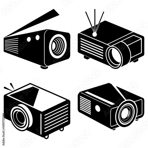 Illustration of four black and white projectors with different designs and lens orientations displayed