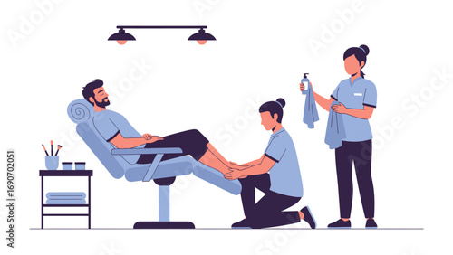 Professional pedicure service with two technicians attending to a male client relaxing in a comfortable chair in a clean salon environment