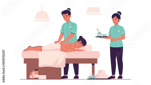 Two professional therapists providing a relaxing massage and spa treatment to a client lying on a massage table in a serene wellness center
