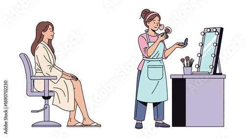Professional makeup artist applying cosmetics to a client sitting in a salon chair in front of a mirror