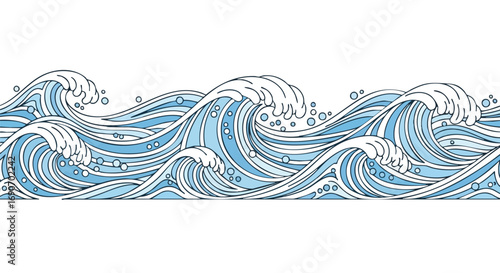 A seamless horizontal banner of stylized ocean waves in a traditional Japanese art style, featuring intricate blue and white line work on a white background.