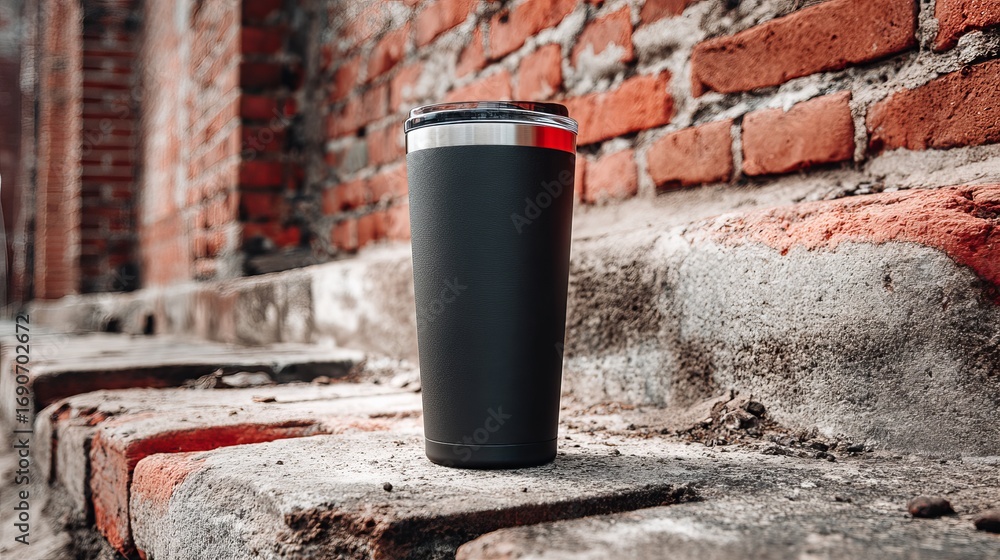 Obraz premium Sleek black insulated tumbler rests on textured brick surface, perfect for branding and lifestyle shots