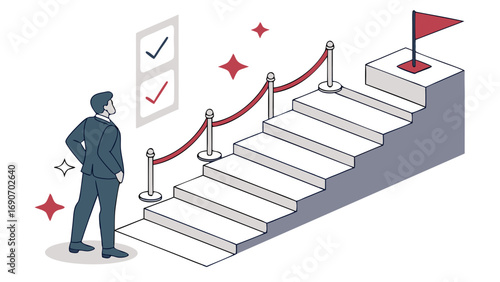 Businessperson at the foot of a staircase leading to success checklist goals achievement career progression ambition future strategy planning growth leadership corporate ladder success visualization .