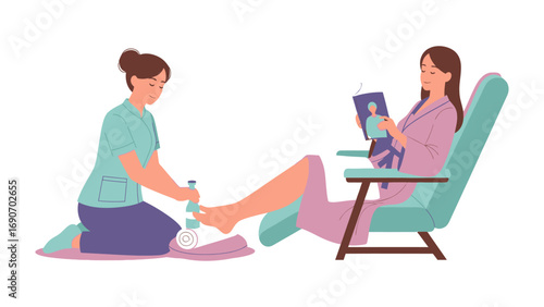 A woman relaxing in a comfortable chair receiving a professional pedicure treatment from a skilled technician in a spa setting