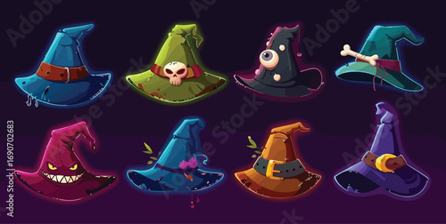 A diverse collection of enchanted headwear for sorcerers and witches, perfect for Halloween celebrations and fantasy themes