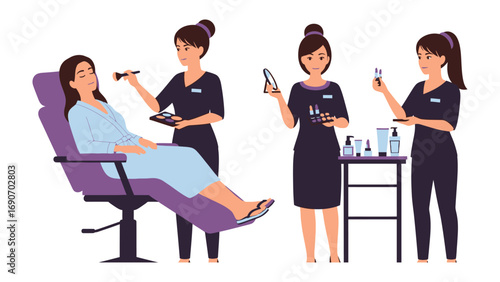 Professional makeup artists applying cosmetics to a client in a beauty salon showcasing a variety of makeup products and tools