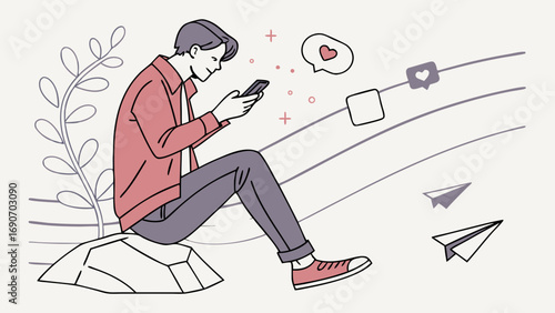 Person using smartphone social media communication online dating love connection illustration vector graphic design flat design simple design minimal design modern design trendy design digital art ar.