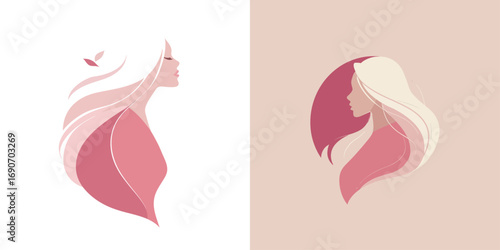 Two elegant women are depicted in a stylized design, showcasing flowing hair and serene profiles.