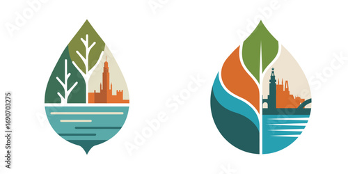 A unique graphic design featuring a leaf with an illustration that combines elements of nature and an urban skyline.