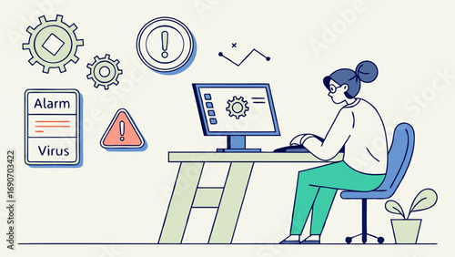 Person working on computer virus alert system error troubleshooting technology problem digital security online safety software issue computer maintenance technical support IT help problem solving dat.