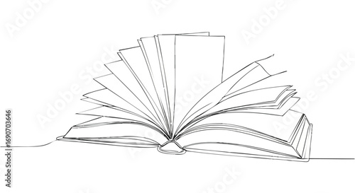 Line drawing of an open book with pages fanned out, representing knowledge and reading.