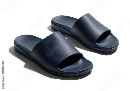 Modern minimalist navy blue single-strap slide sandals for women, studio product shot, clean white background, contemporary footwear design