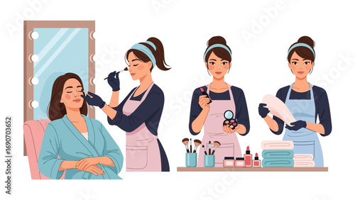 Professional makeup artists applying cosmetics and styling hair for a client in a beauty salon with a large mirror and makeup station