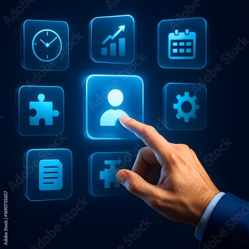 Businessman Selecting User Profile Icon on Digital Interface , Human Resources, CRM, and Customer Management Concept