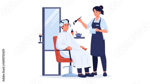 Professional hairstylist drying and styling a client s hair with a hairdryer in a modern salon setting