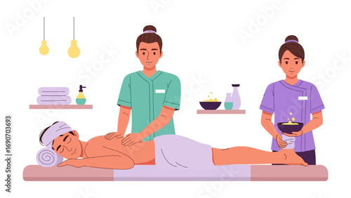 Spa Relaxation: A serene scene unfolds as a spa therapist provides a professional massage to a client, while another attendant holds candles, surrounded by amenities.