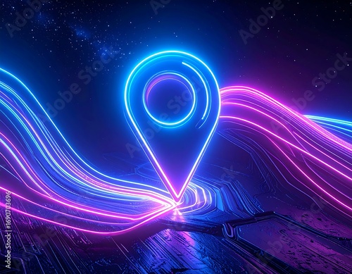 Neon location pin on a futuristic landscape
