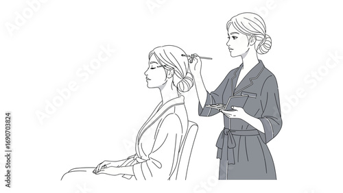 Elegant illustration of a hairstylist meticulously styling a client s hair with a comb and hairspray in a salon setting