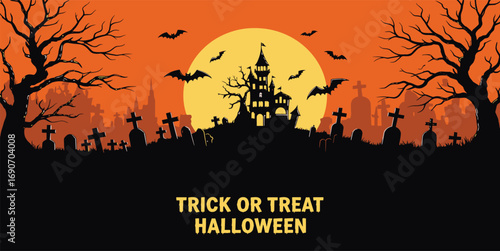 Spooky Halloween night landscape featuring a mysterious haunted house silhouette against a vibrant orange full moon, surrounded by bare trees, flying bats, and a desolate cemetery