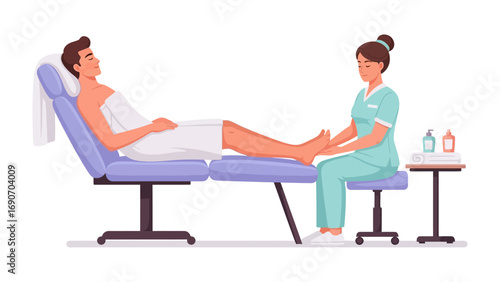Man relaxing on a massage table receiving a foot massage from a therapist in a treatment room
