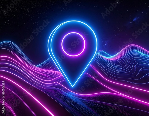 Neon location pin on a wavy landscape