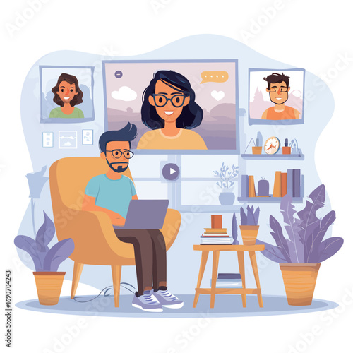 A man sits comfortably in an armchair, focused on his laptop during a remote work session. The virtual meeting displays two participants on screens behind him, creating a collaborative atmosphere.