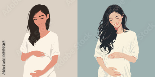 Two expectant mothers stand with hands on their bellies, expressing happiness and love for their unborn children. A calm and serene atmosphere surrounds them, showcasing the beauty of motherhood.