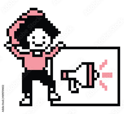 Cute cartoon pixel art woman with megaphone announcement speaker information character announce decoration 8 bit female girl lady megaphone cartoon pixel game png vector.