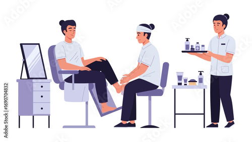 Professional aesthetician offering skincare consultation and product demonstration to a client in a modern beauty salon setting