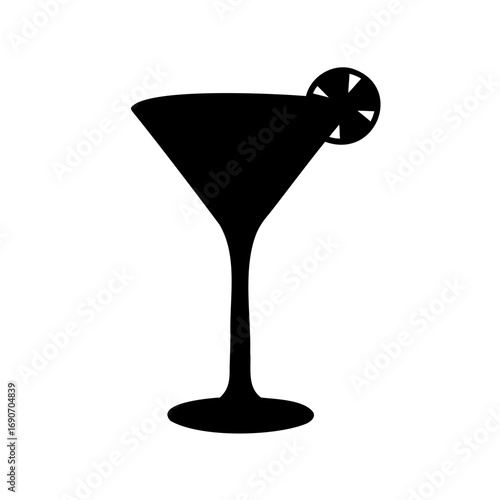 Simple black silhouette of a martini glass with a citrus garnish