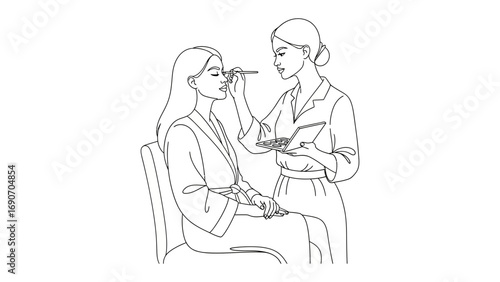Line drawing illustration of a woman applying makeup to another woman s face with a brush and compact