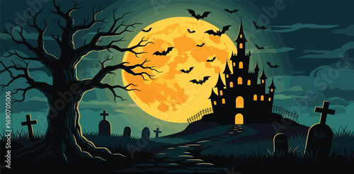 Spooky Halloween Night A Creepy Castle, Bats, and Graveyard Under a Full Moon