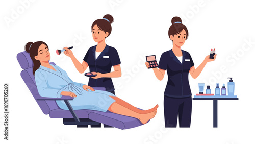 Professional makeup artist applying cosmetics to a seated client in a beauty salon while another artist displays makeup products on a table