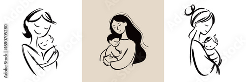 Three artistic sketches depict mothers lovingly holding their children, showcasing the deep bond shared through gentle expressions and warm embraces.