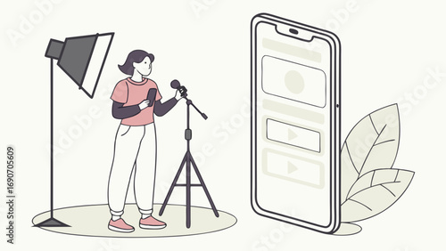 Person recording voiceover or podcast with smartphone and microphone in studio.