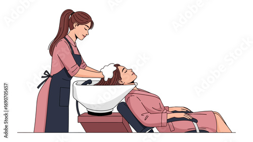 Serene Shampoo Moment: A peaceful scene of a stylist providing a luxurious shampoo service to a client, creating a moment of pampering and tranquility.