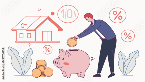 Saving for a house piggy bank financial goals illustration.