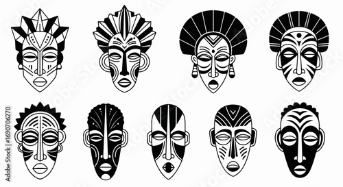 Collection of African Tribal Masks in Black and White.