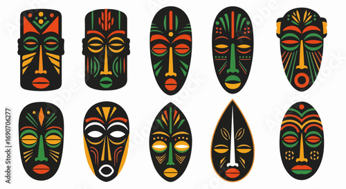Collection of African Tribal Masks with Vibrant Colors and Intricate Designs.