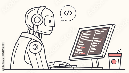 Robot Programmer Coding at Computer AI Technology Concept Illustration.