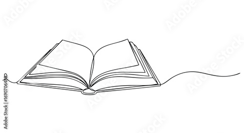 Simple line drawing of an open book, depicting knowledge and learning, with blank pages.